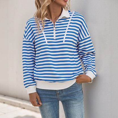 Loose Striped Polo Sweatshirt with Quarter-Zip