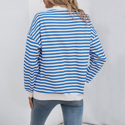 Loose Striped Polo Sweatshirt with Quarter-Zip
