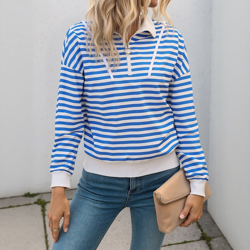 Loose Striped Polo Sweatshirt with Quarter-Zip