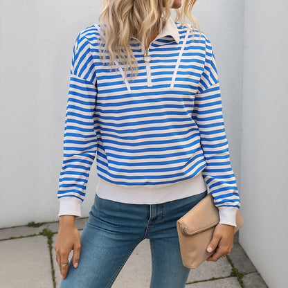 Loose Striped Polo Sweatshirt with Quarter-Zip