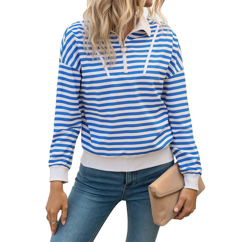 Loose Striped Polo Sweatshirt with Quarter-Zip