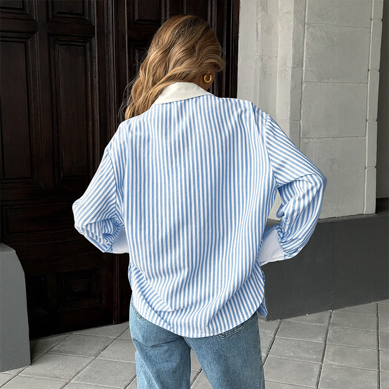 Oversized Striped Button-Down Shirt with Contrast Collar