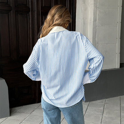 Oversized Striped Button-Down Shirt with Contrast Collar