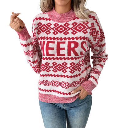 Christmas Knit Pullover with "CHEER" Text and Mock Neck