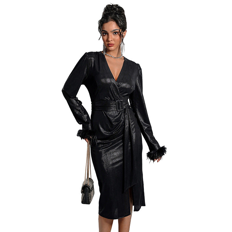 Shimmer Wrap Midi Dress with V-Neck and Faux Fur Cuffs