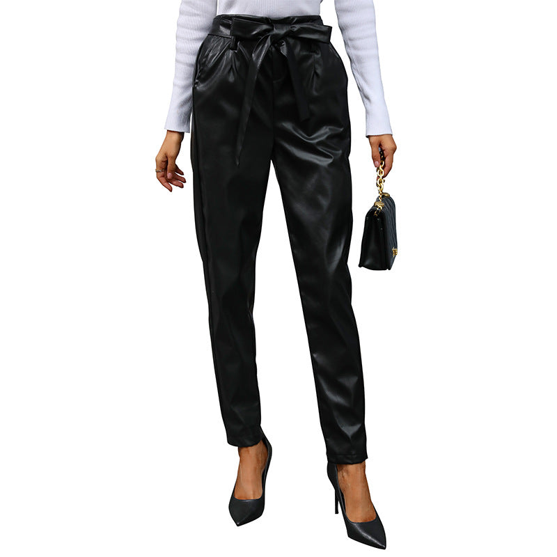 High-Waist Faux Leather Tapered Pants with Tie Belt