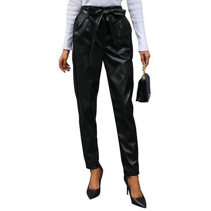 High-Waist Faux Leather Tapered Pants with Tie Belt