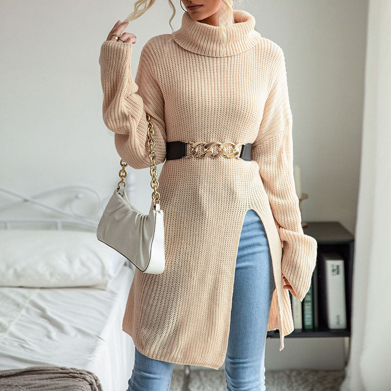 Oversized Turtleneck Sweater Tunic with Side Slits