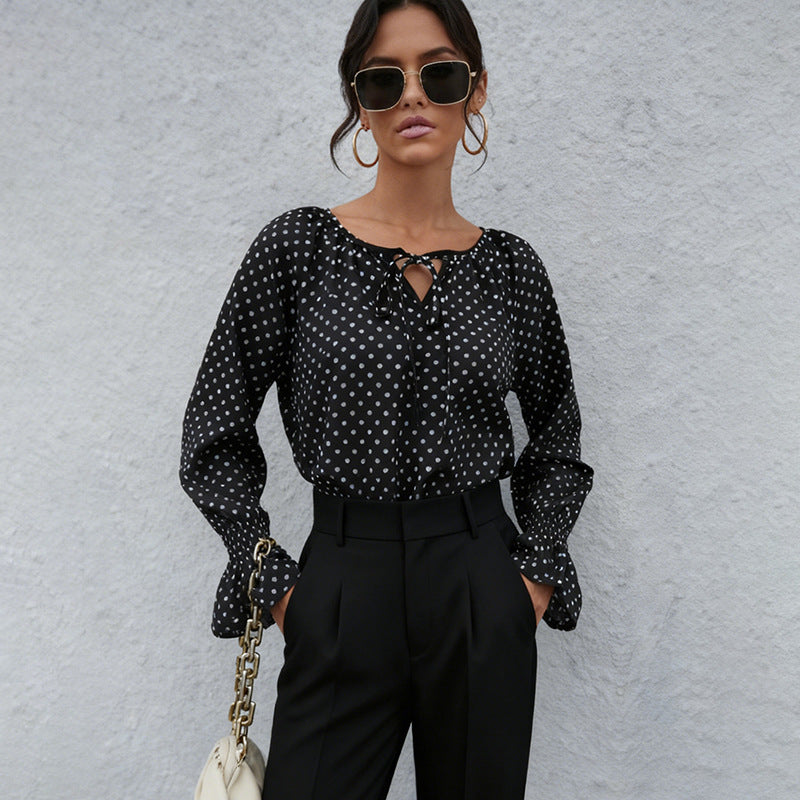Polka Dot Blouse with Tie-Neck and Flared Cuffs