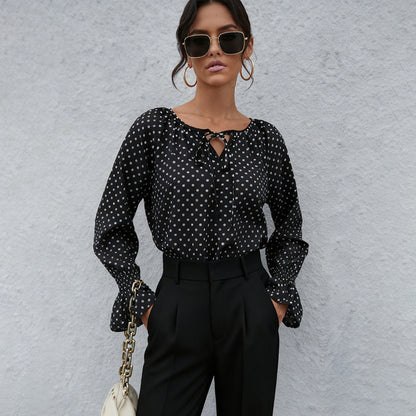 Polka Dot Blouse with Tie-Neck and Flared Cuffs