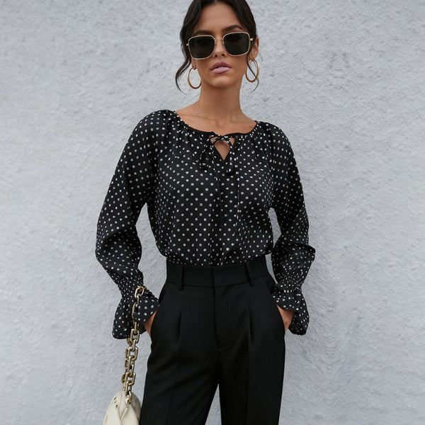 Polka Dot Blouse with Tie-Neck and Flared Cuffs