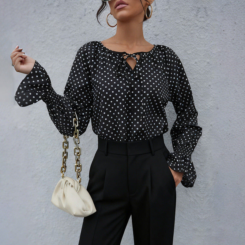 Polka Dot Blouse with Tie-Neck and Flared Cuffs