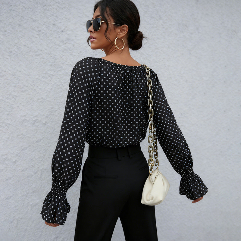 Polka Dot Blouse with Tie-Neck and Flared Cuffs