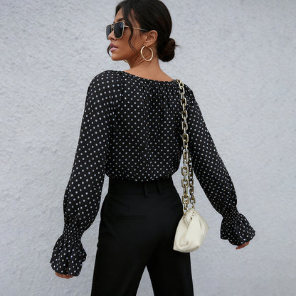 Polka Dot Blouse with Tie-Neck and Flared Cuffs