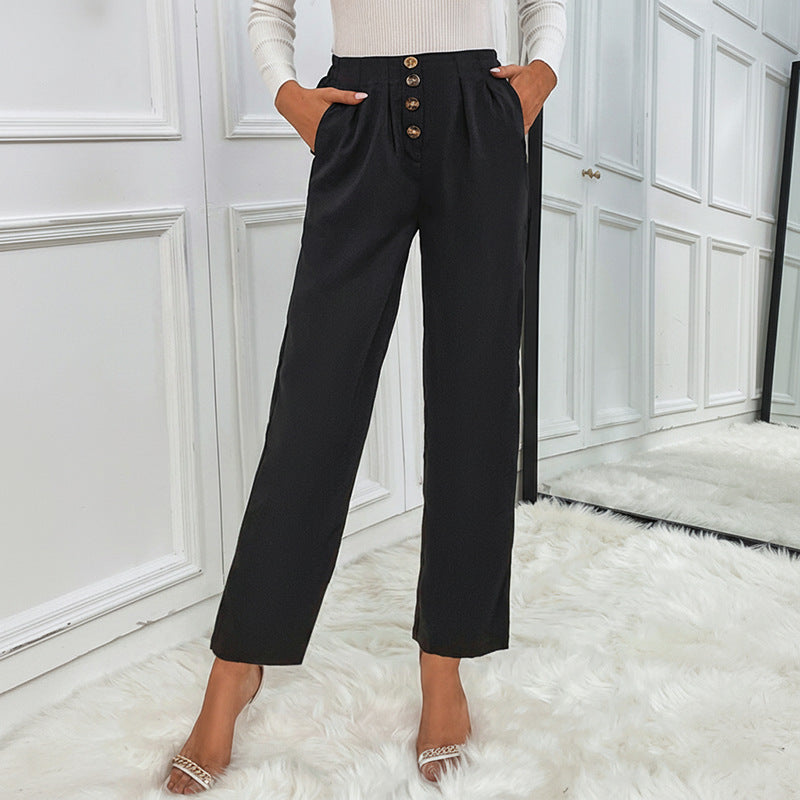 Straight-Leg Cropped Pants with High Waist and Button Front
