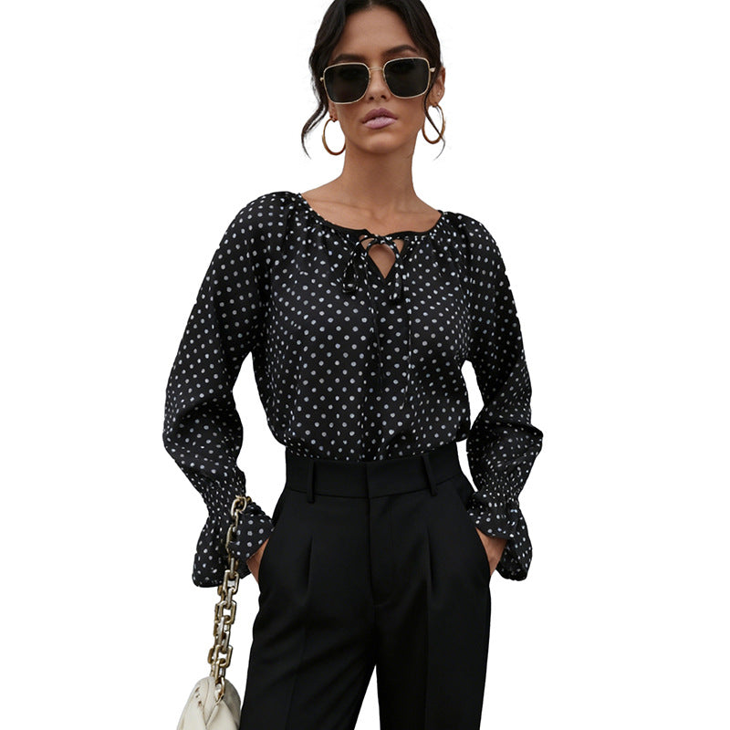 Polka Dot Blouse with Tie-Neck and Flared Cuffs