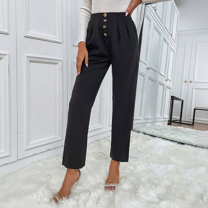 Straight-Leg Cropped Pants with High Waist and Button Front