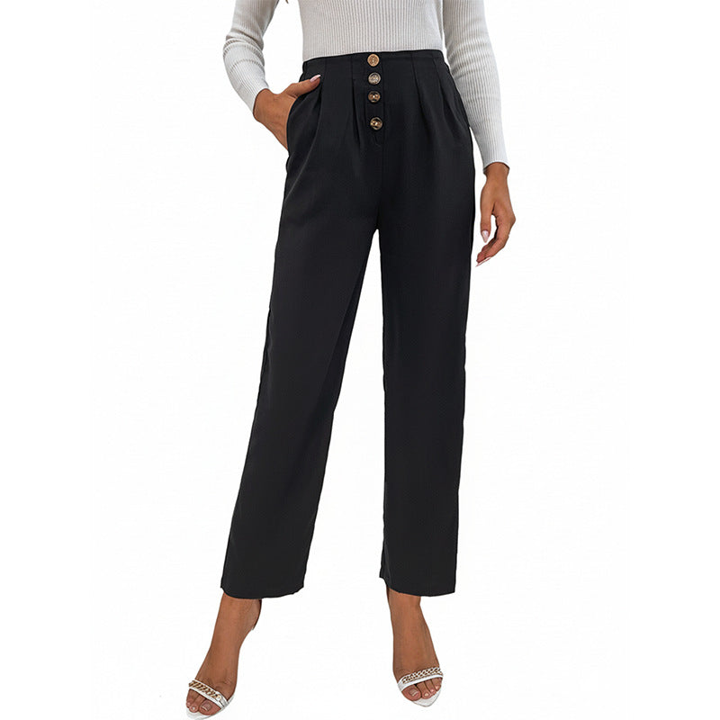 Straight-Leg Cropped Pants with High Waist and Button Front
