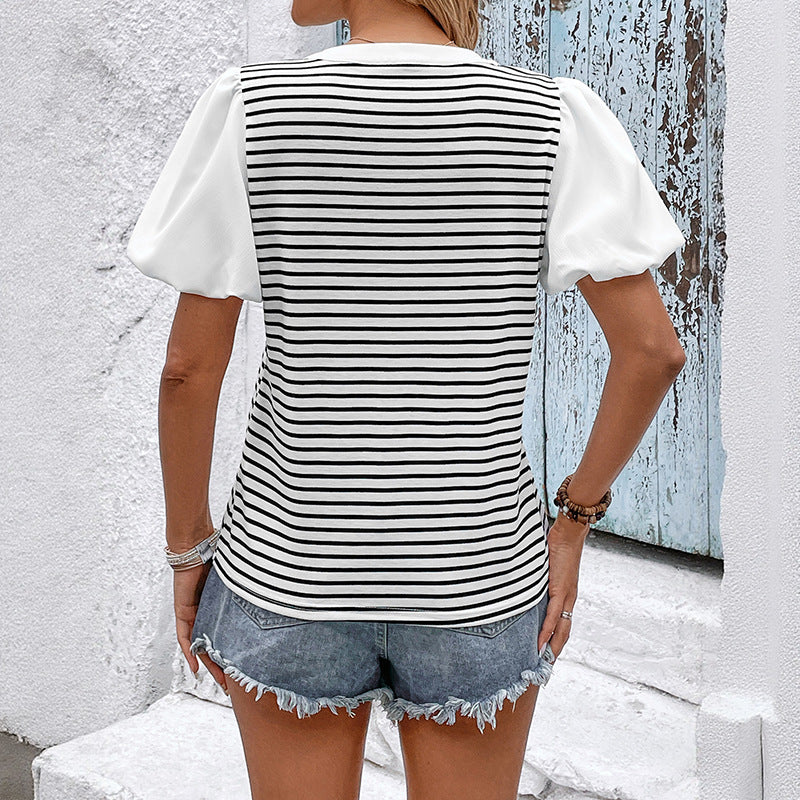 Striped Color Block Top with V-Neck and Puff Sleeves