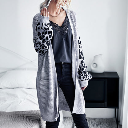 Long Cardigan with Leopard Print Contrast Sleeves