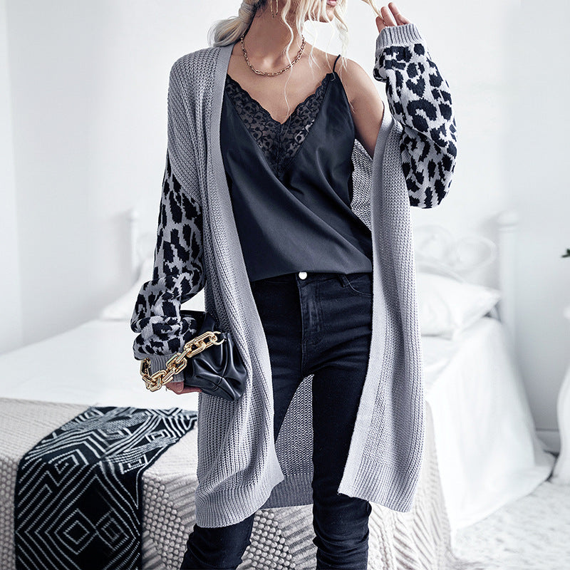 Long Cardigan with Leopard Print Contrast Sleeves