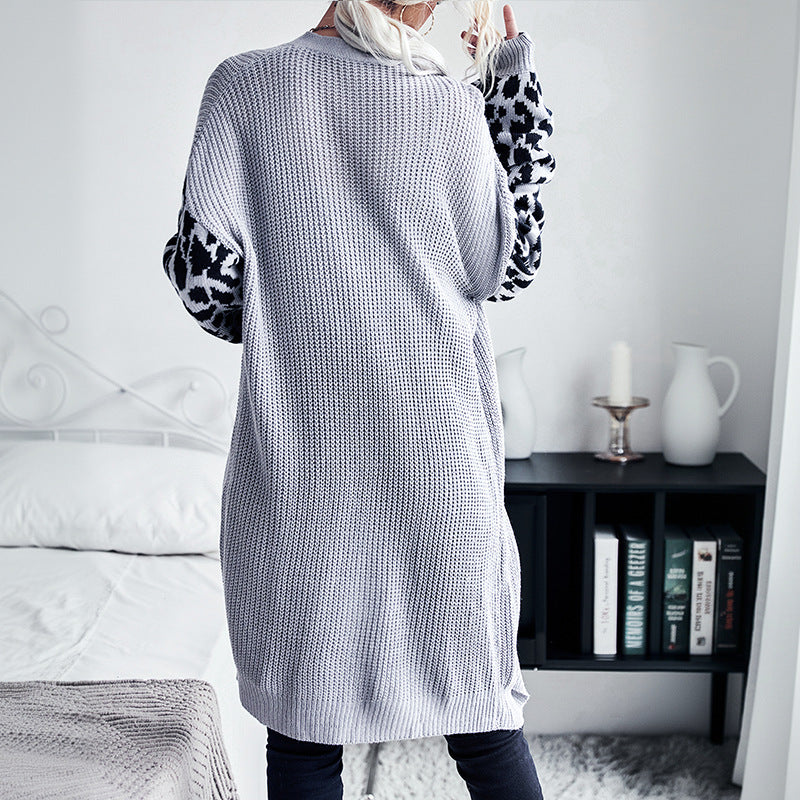 Long Cardigan with Leopard Print Contrast Sleeves