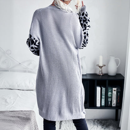 Long Cardigan with Leopard Print Contrast Sleeves