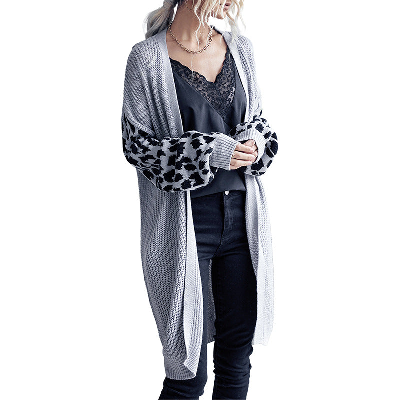 Long Cardigan with Leopard Print Contrast Sleeves