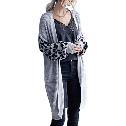 Long Cardigan with Leopard Print Contrast Sleeves