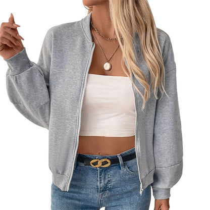 Solid Color Bomber Jacket with Fleece Lining and Lantern Sleeves