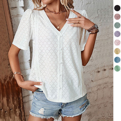 Relaxed Fit Broderie Anglaise Top with V-Neck and Short Sleeves