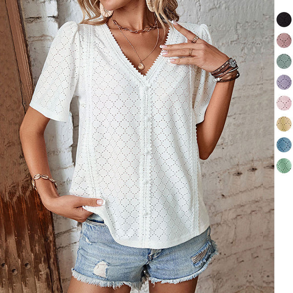Relaxed Fit Broderie Anglaise Top with V-Neck and Short Sleeves