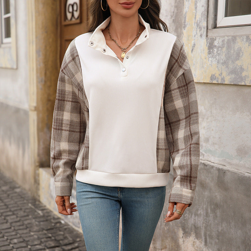 Plaid Patchwork Pullover with Half-Open Collar