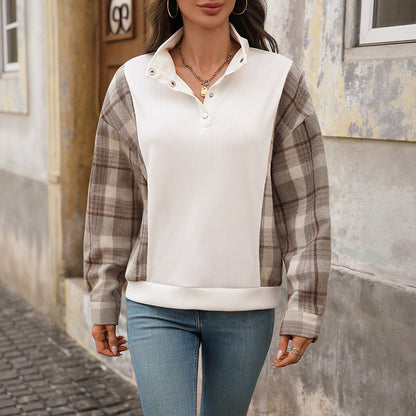 Plaid Patchwork Pullover with Half-Open Collar