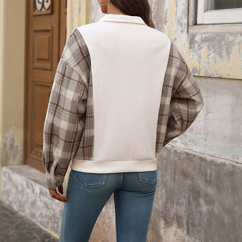 Plaid Patchwork Pullover with Half-Open Collar