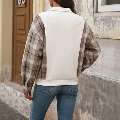 Plaid Patchwork Pullover with Half-Open Collar