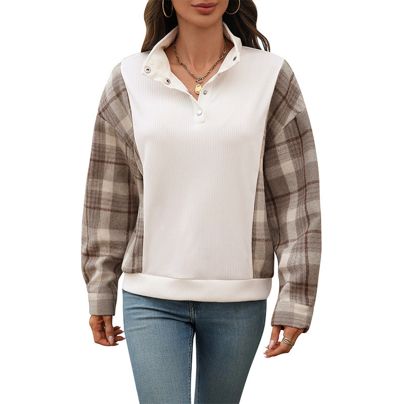 Plaid Patchwork Pullover with Half-Open Collar