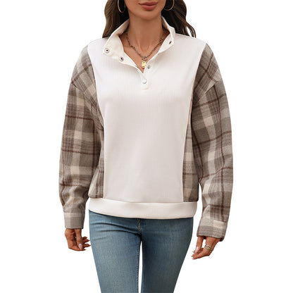Plaid Patchwork Pullover with Half-Open Collar