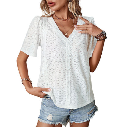 Relaxed Fit Broderie Anglaise Top with V-Neck and Short Sleeves