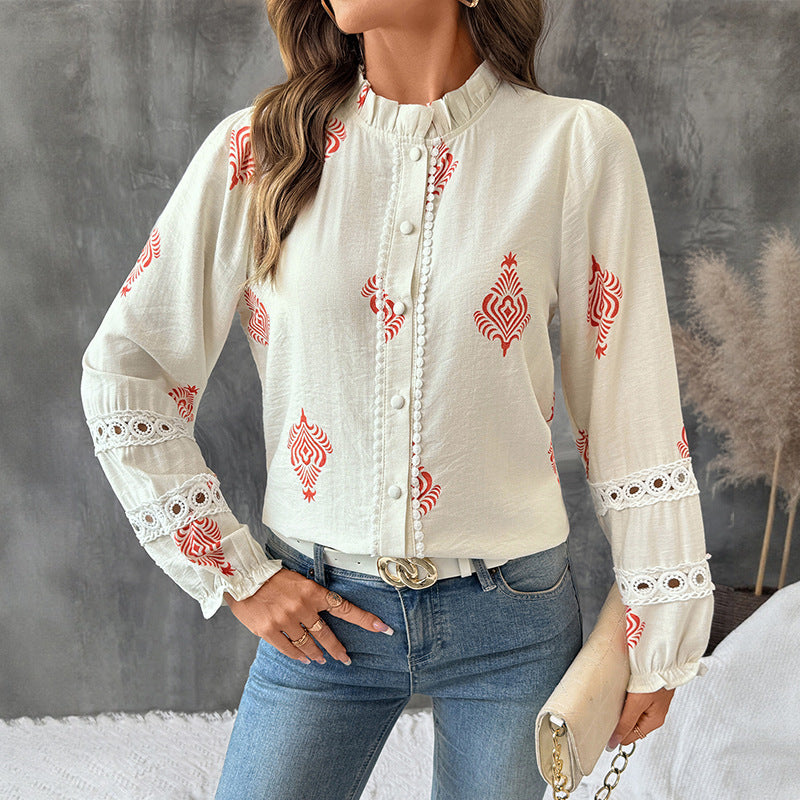 Ethnic Print Blouse with Ruffled Stand Collar and Lace Trim