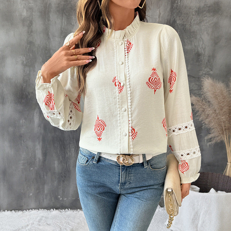 Ethnic Print Blouse with Ruffled Stand Collar and Lace Trim