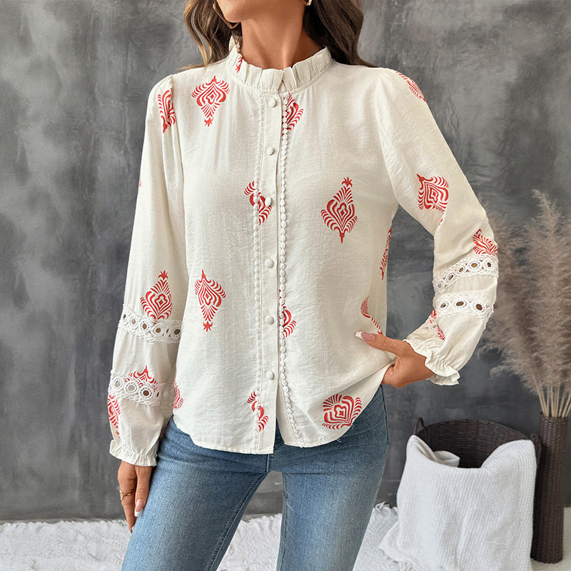 Ethnic Print Blouse with Ruffled Stand Collar and Lace Trim