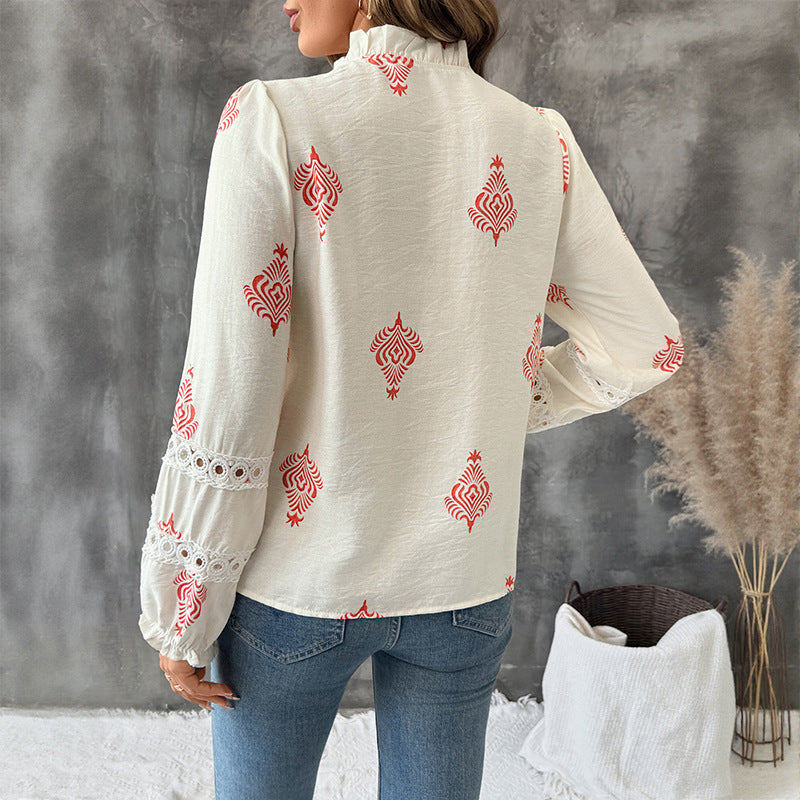 Ethnic Print Blouse with Ruffled Stand Collar and Lace Trim
