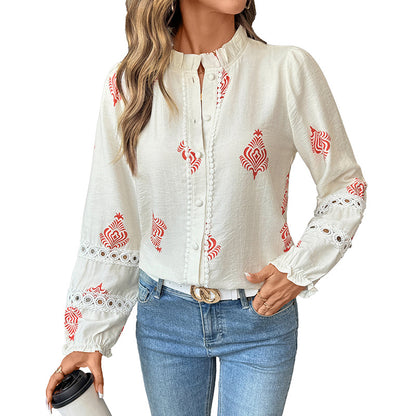 Ethnic Print Blouse with Ruffled Stand Collar and Lace Trim