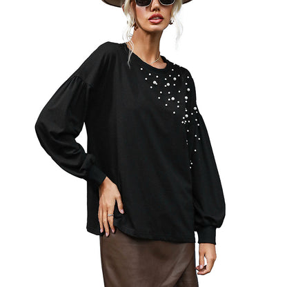 Loose Crewneck Knit Pullover with Pearl Embellishment and Puff Sleeves