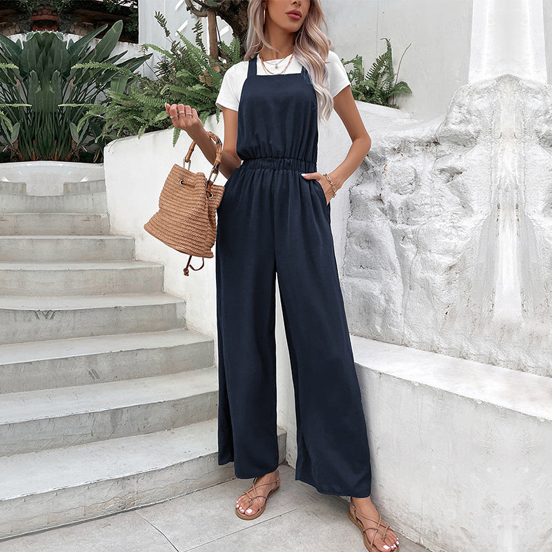 Wide-Leg Suspender Jumpsuit with Shirred Waist