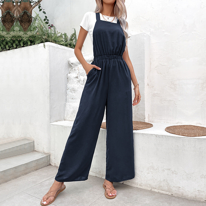 Wide-Leg Suspender Jumpsuit with Shirred Waist
