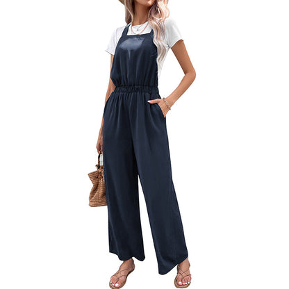 Wide-Leg Suspender Jumpsuit with Shirred Waist