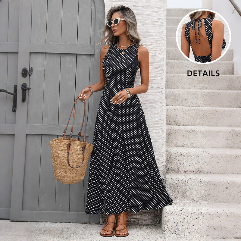 A-Line Polka Dot Maxi Dress with Tie-Back