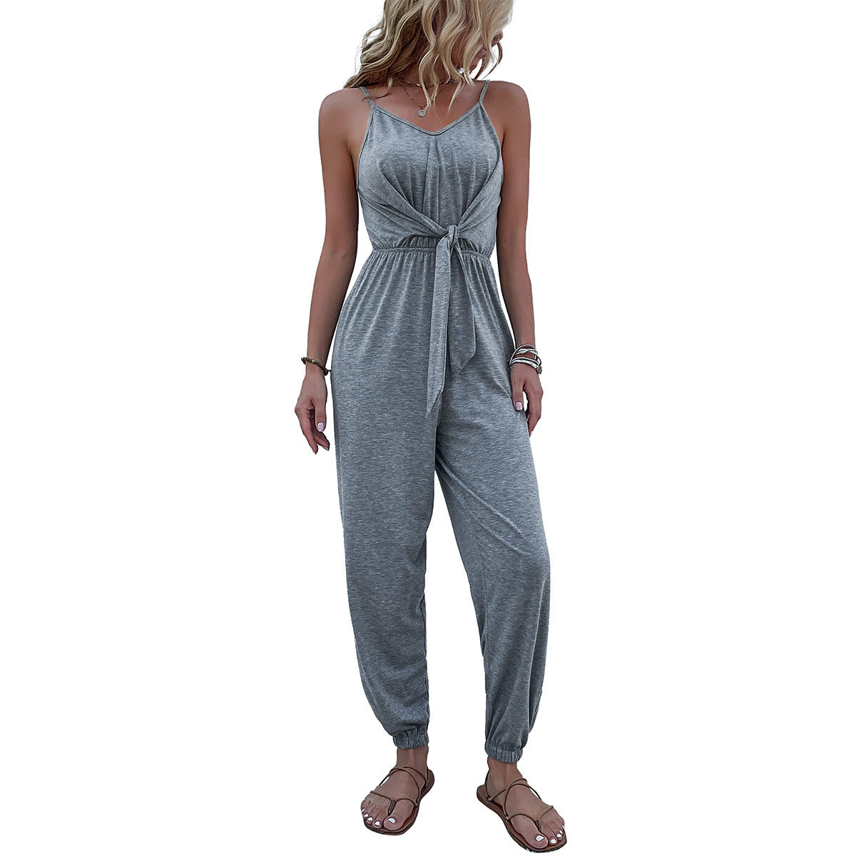 Gray Cami Jumpsuit with V-Neck and Tie-Waist